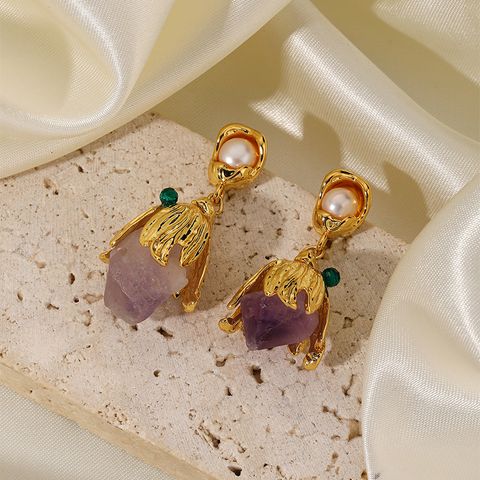 1 Pair Sweet Flower Plating Inlay Copper Imitation Pearl Amethyst 14k Gold Plated Drop Earrings
