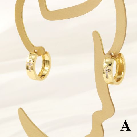 1 Pair Simple Style Cross Devil's Eye Heart Shape Plating Inlay Copper Zircon 18k Gold Plated Hoop Earrings