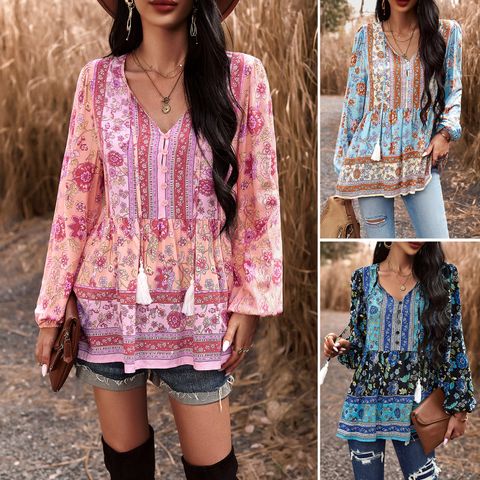 Women's Blouse Long Sleeve Blouses Printing Button Simple Style Flower