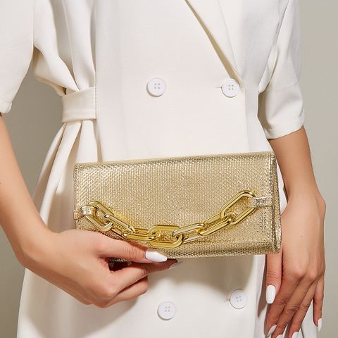 Silver Gold Pu Leather Solid Color Chain Square Evening Bags