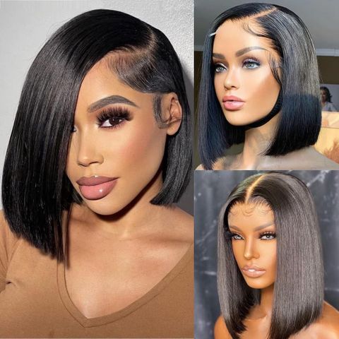 Women's Retro Street Real Hair Side Points Short Straight Hair Wigs