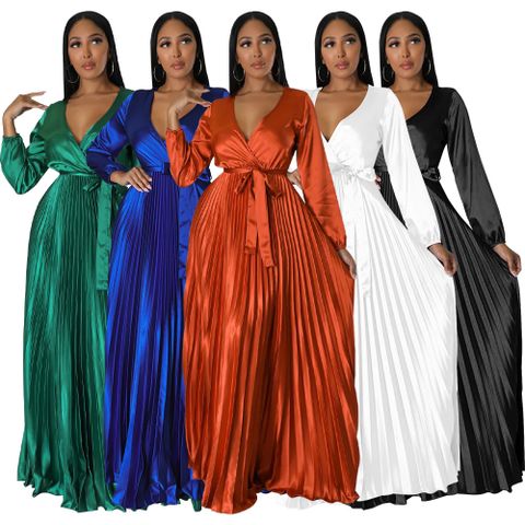 Women's Swing Dress Elegant V Neck Long Sleeve Solid Color Maxi Long Dress Party
