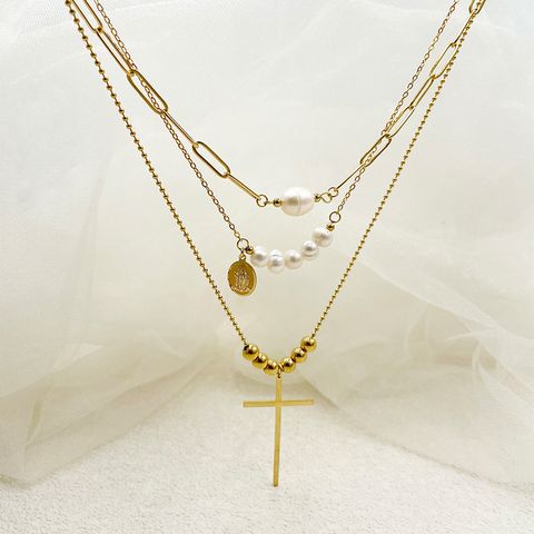 304 Stainless Steel Freshwater Pearl Gold Plated Elegant Sweet Layered Plating Cross Layered Necklaces