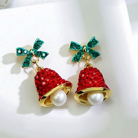 Wholesale Jewelry Cute Bow Knot Bell Alloy Rhinestones Enamel Plating Inlay Drop Earrings