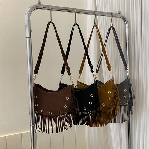 Women's Velvet Solid Color Vintage Style Tassel Dumpling Shape Zipper Crossbody Bag