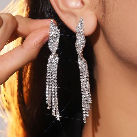 Wholesale Jewelry Shiny Tassel Rhinestone Rhinestones Silver Plated Plating Inlay Drop Earrings