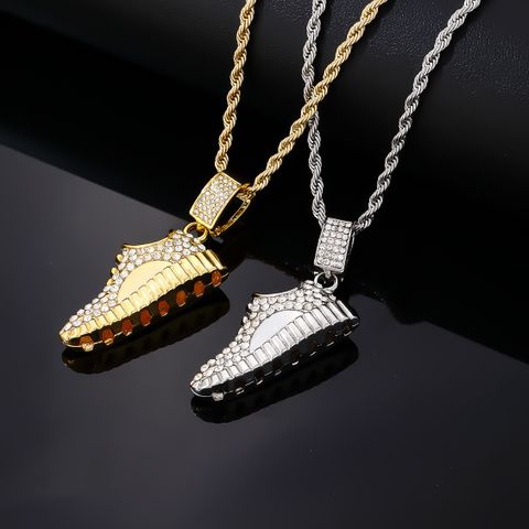 Hip-Hop Vintage Style Rock Shoe 304 Stainless Steel Copper Plating Inlay Zircon K Gold Plated Rhodium Plated Men's Pendant Necklace