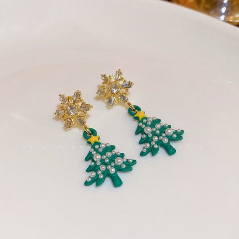 Wholesale Jewelry Cute Christmas Tree Alloy Artificial Pearls Artificial Diamond Inlay Drop Earrings