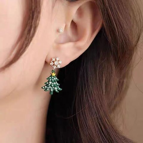Wholesale Jewelry Cute Christmas Tree Alloy Artificial Pearls Artificial Diamond Inlay Drop Earrings