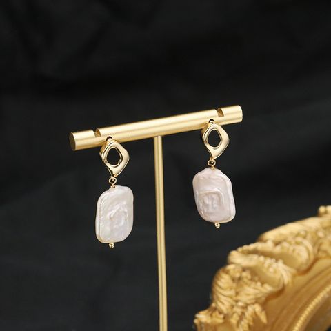 1 Pair Original Design Geometric Plating Freshwater Pearl Mixed Materials 18k Gold Plated Drop Earrings