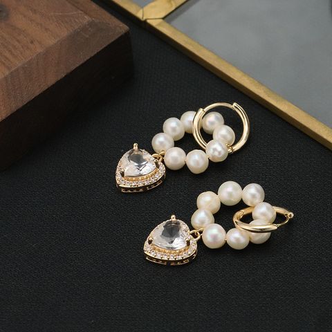 1 Pair Original Design Heart Shape Plating Freshwater Pearl 18k Gold Plated Drop Earrings