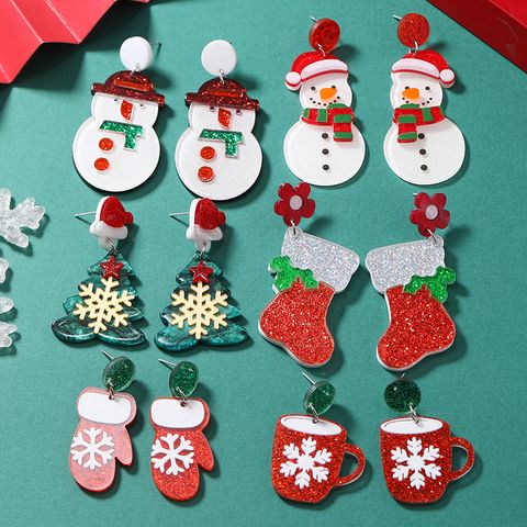 1 Pair Cute Christmas Tree Christmas Socks Snowflake Painted Arylic Drop Earrings