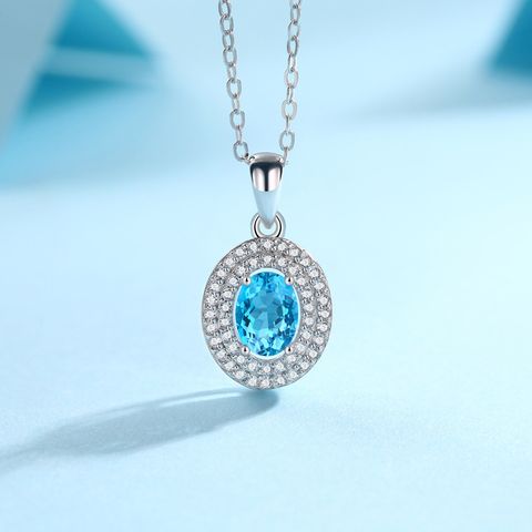 Simple Style Classic Style Oval Sterling Silver Inlay Topaz Pendant Necklace