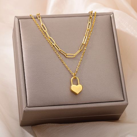 Simple Style Heart Shape Stainless Steel Chain 18k Gold Plated Double Layer Necklaces