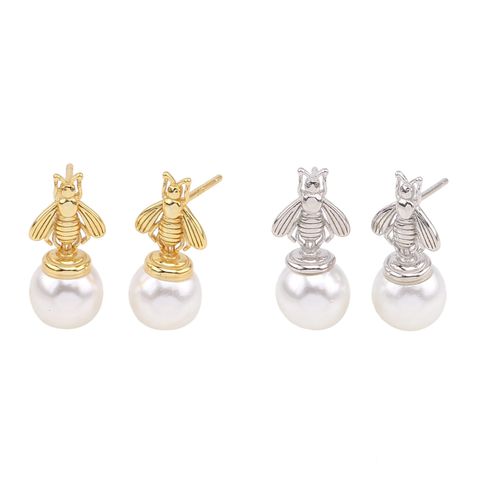 1 Pair Ig Style Bee Plating Inlay Sterling Silver Pearl White Gold Plated Gold Plated Ear Studs