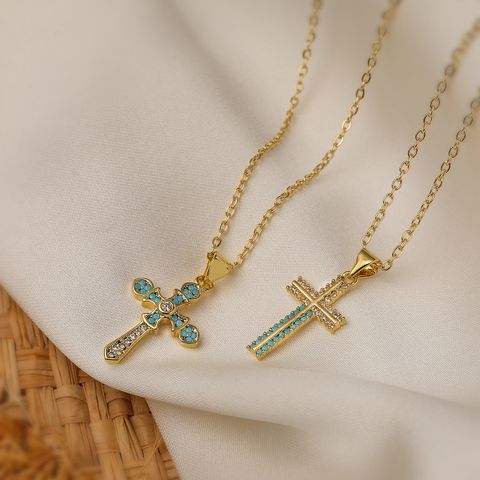 Basic Classic Style Cross Copper 18k Gold Plated Zircon Pendant Necklace In Bulk