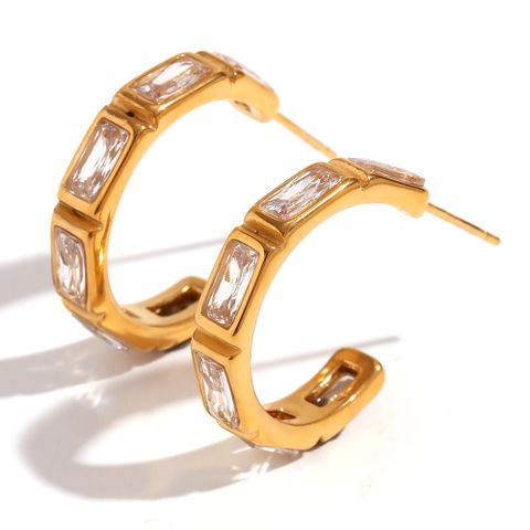 1 Pair Simple Style Solid Color Plating Inlay Stainless Steel Zircon 18k Gold Plated Hoop Earrings