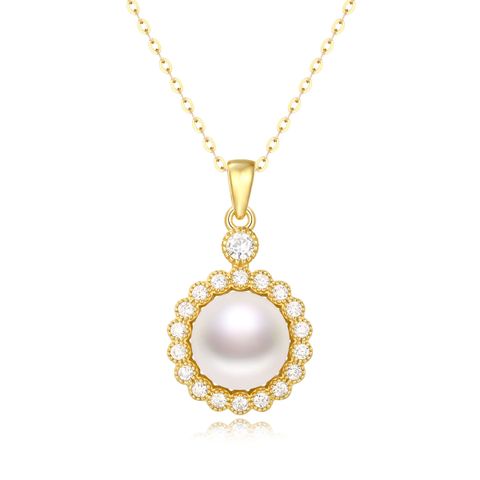 Simple Style Round Sterling Silver Pearl Zircon Pendant Necklace In Bulk