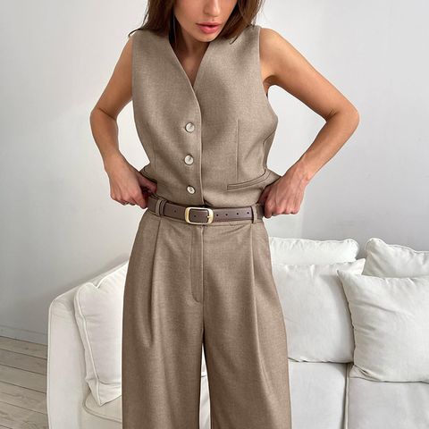 Street Women's Casual Solid Color Polyester Pocket Pants Sets Pants Sets