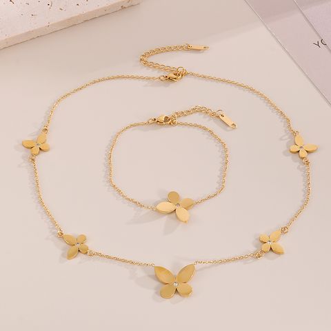 Titanium Steel 18K Gold Plated Sweet Simple Style Plating Inlay Four Leaf Clover Artificial Diamond Bracelets Necklace