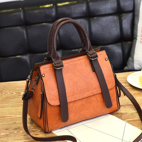 Women's Medium Pu Leather Solid Color Basic Vintage Style Square Zipper Shoulder Bag Crossbody Bag Boston Bag