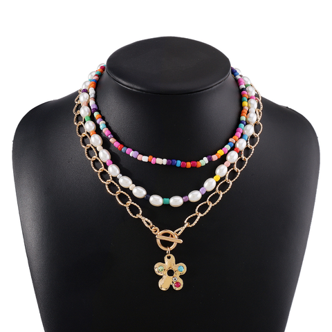 Bohemian Modern Style Simple Style Flower Imitation Pearl Alloy Seed Bead Beaded Inlay Rhinestones Women's Necklace