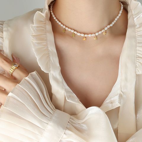 Fashion Star Pearl Titanium Steel Necklace