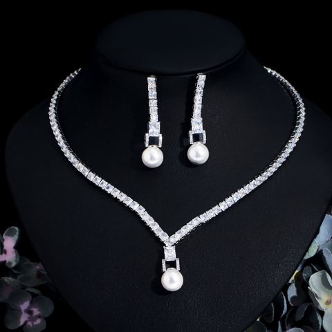 Luxurious Wedding Bridal Solid Color Copper Plating Inlay Artificial Gemstones Artificial Pearls White Gold Plated Rhodium Plated Jewelry Set
