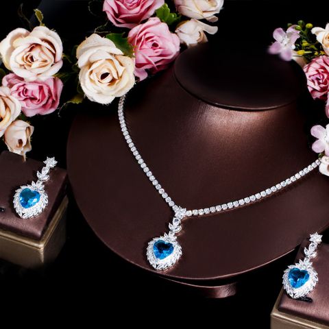 Luxurious Wedding Bridal Heart Shape Copper Plating Inlay Artificial Gemstones White Gold Plated Rhodium Plated Jewelry Set