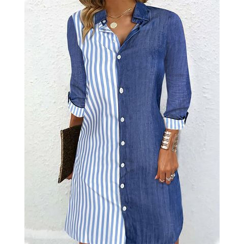 Women's Shirt Dress Casual Shirt Collar Long Sleeve Color Block Stripe Above Knee Daily