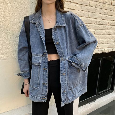 Women's Simple Style Solid Color Pocket Single Breasted Coat Denim Jacket