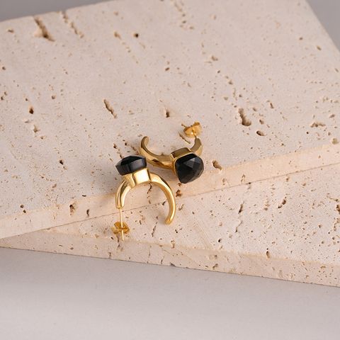 1 Pair Simple Style Solid Color Plating Inlay 304 Stainless Steel Natural Stone Glass Stone 14K Gold Plated Ear Studs
