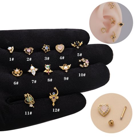 1 Piece Ethnic Style Star Heart Shape Plating Inlay Stainless Steel Copper Zircon Ear Studs