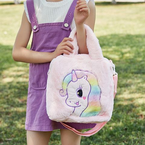 Women's Plush Unicorn Cute Square Zipper Handbag Crossbody Bag