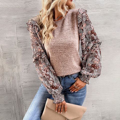 Women's Blouse Long Sleeve Blouses Patchwork Casual Flower