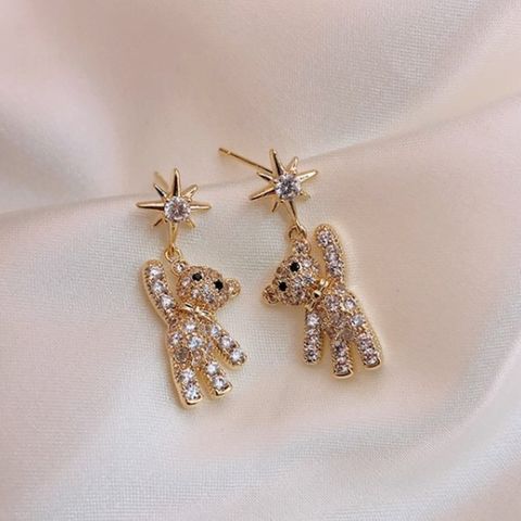 Wholesale Jewelry Simple Style Bear Alloy Artificial Gemstones Inlay Drop Earrings