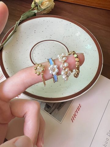 Basic Simple Style Flower Alloy Enamel Inlay Artificial Pearls Zircon Women's Open Rings