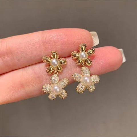 Wholesale Jewelry Ig Style Sweet Flower Alloy Artificial Pearls Plating Inlay Drop Earrings