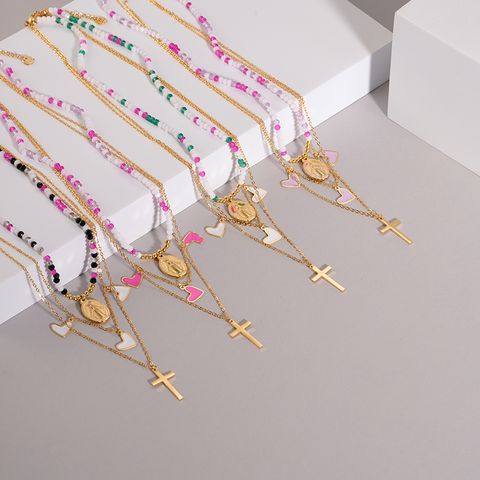 304 Stainless Steel Beaded Casual Modern Style Classic Style Enamel Plating Cross Heart Shape Crystal Beads Necklace