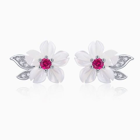 1 Pair Simple Style Cactus Flower Watermelon Inlay Sterling Silver Zircon Ear Studs