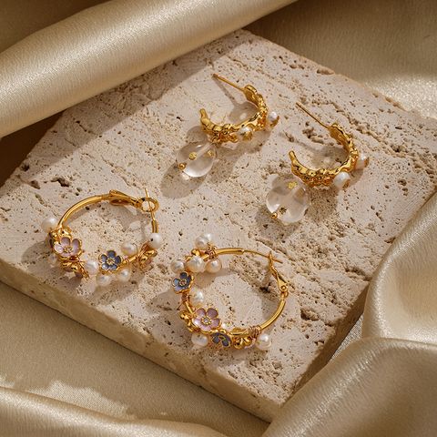 1 Pair Fairy Style Flower Plating Inlay Copper Artificial Crystal Freshwater Pearl 18k Gold Plated Hoop Earrings Drop Earrings