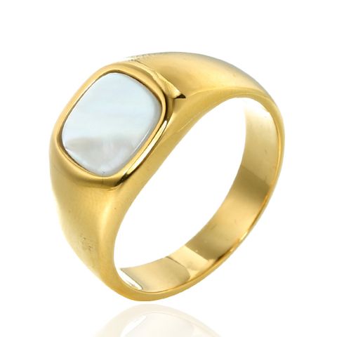 Streetwear Square Stainless Steel Inlay Artificial Gemstones 18K Gold Plated Unisex Rings