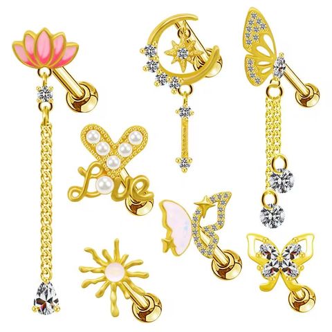 1 Pièce Style Ig Style Simple Lune Fleur Papillon Placage Évider Incruster Acier Inoxydable Le Cuivre Strass Perle Zircon Plaqué Or Boucles D'oreilles