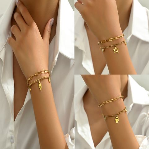 Hip-Hop Vintage Style Classic Style Pentagram Palm Feather Stainless Steel 18K Gold Plated Rhinestones Bracelets In Bulk