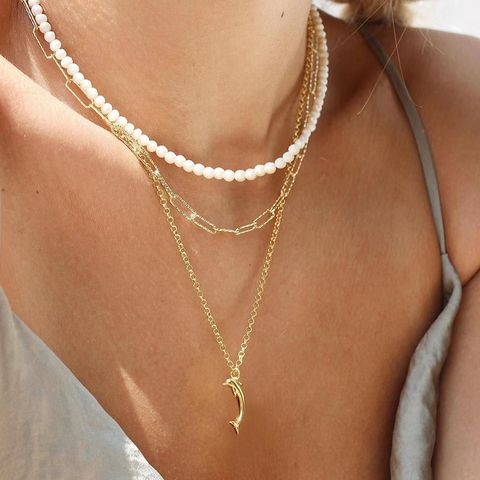 Ig Style Cute Dolphin Imitation Pearl Alloy Beaded Women's Three Layer Necklace