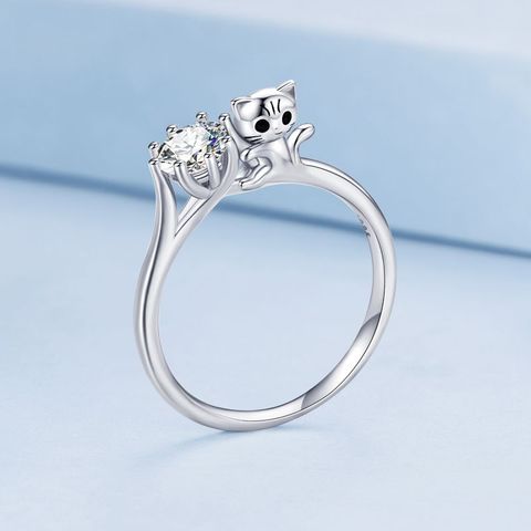 Casual Cute Cat Sterling Silver Inlay Zircon Rings