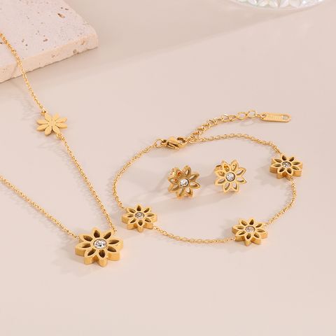 Titanium Steel 18K Gold Plated Simple Style Plating Hollow Out Lotus Chrysanthemum Bracelets Earrings Necklace