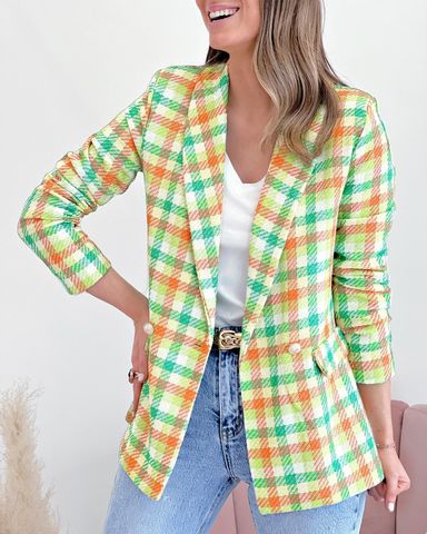 Women's Coat Long Sleeve Blazers Printing Pocket Business Plaid