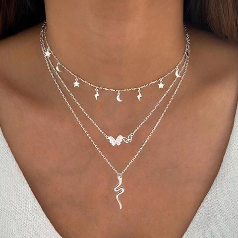 Ig Style Streetwear Snake Butterfly Lightning Alloy Inlay Rhinestones Women's Three Layer Necklace