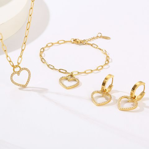 Titanium Steel 18K Gold Plated Simple Style Plating Inlay Heart Shape Rhinestones Bracelets Necklace Jewelry Set